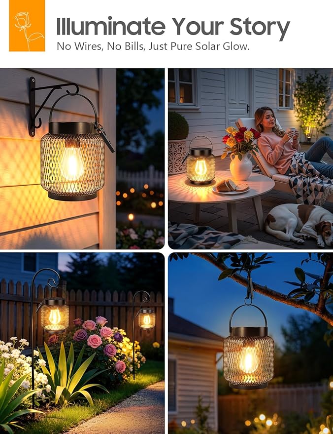 KOOPER Metal Solar Lanterns Outdoor Waterproof, 4 Pack Brighter Hanging Solar Lights for Outside, Up to 15 Hours Modern Hanging Solar Powered Lanterns Lights for Yard Patio Porch Garden Decorative
