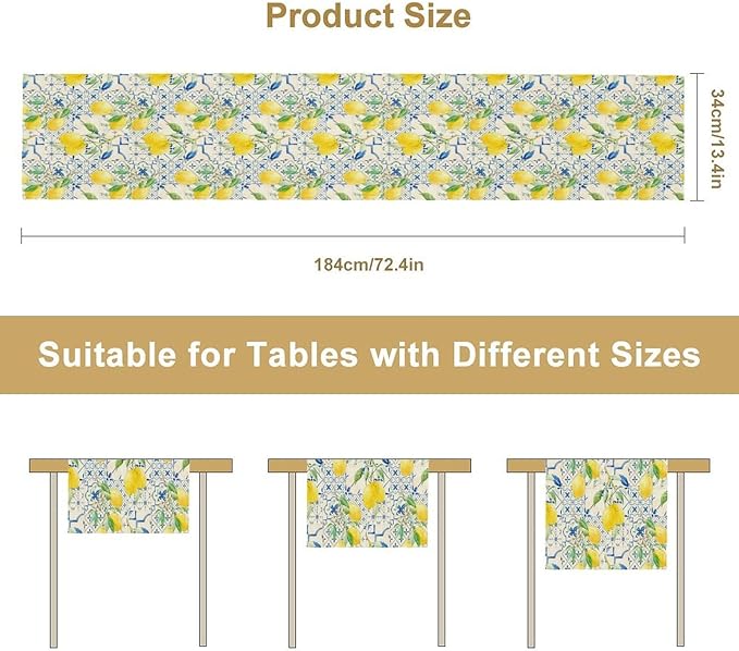 Lemon Table Runner, Summer Fruit Vintage Morocco Blue Tiles Table Runners for Farmhouse Coffee Home Kitchen Dining Party Patio Outdoor 13x70in
