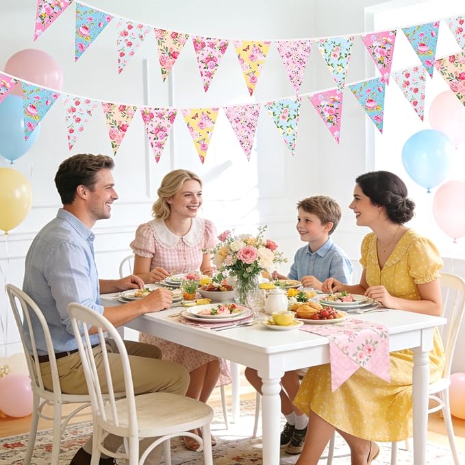 jijAcraft 4 Pack Tea Floral Party Bunting Banners - Pre-Strung Vintage Floral Triangle Pennant Banner, Wildflower Garland Tea Party Decorations for Spring Party Baby Shower Bridal Shower Mother's Day