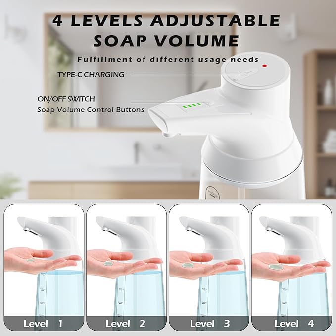 Automatic Liquid Soap Dispenser Touchless,4-Level Adjustable Modern White Bathroom Hand Soap Dispenser, Rechargeable Electric Motion Sensor Waterproof Pump for Kitchen (23.7oz/700ml)