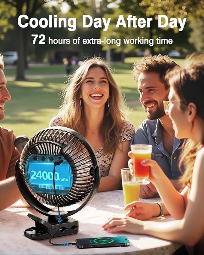 FRIZCOL 24000mAh 8 Inch Portable Clip On Fan,Battery Operated Golf Cart Fan with Lights and Remote, USB Fans Small Desk Fans Personal Quiet Fans for Office Stroller Bedroom and Camping