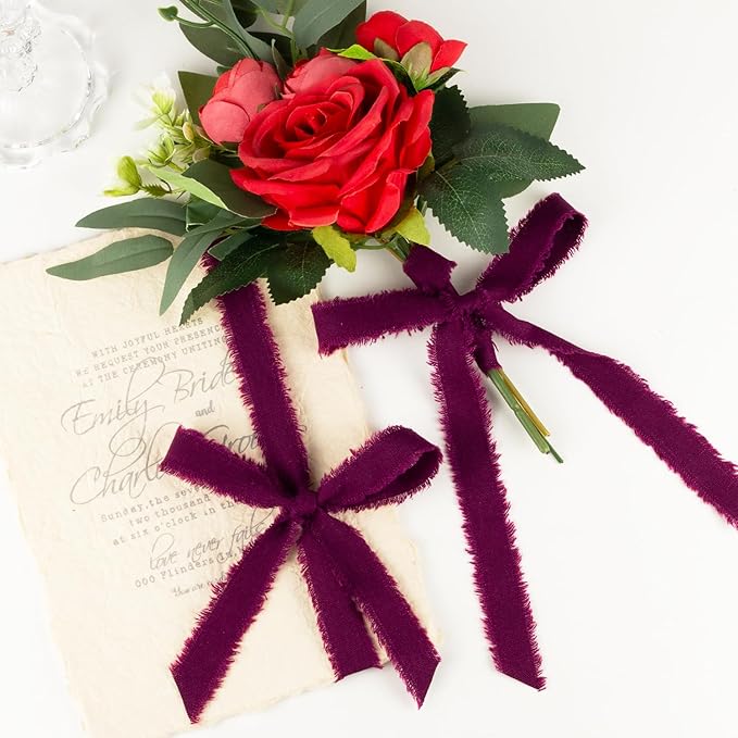 Grape Wine Cotton Ribbon 5/8 Inch Grape Wine 3 Rolls 21 Yards Frayed Edge Fabric Set for Wedding Decor, Anniversary Celebration, Bridal Bouquet Wrap, Gift Wrapping & Fall Wedding