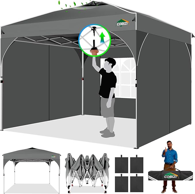 COBIZI Canopy Tent 10x10, Easy Up 10x10 Pop Up Canopy for Party Camping, Party Tents with One Push Central Button Air Vent, Outdoor Gazebo Tent with Sidewalls and Reflective Strip(Grey)