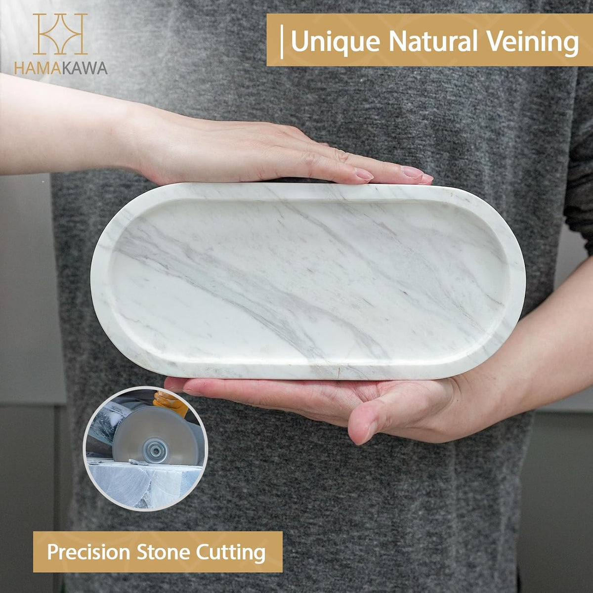 Bathroom Vanity Tray, Large Natural Marble Oval Sink Tray 10 Inch, Jazz White Limestone Dresser Tray for Soap Dispenser Modern Countertop Organizer