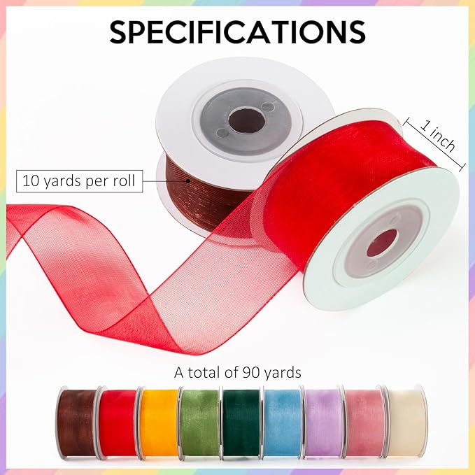 Organza Ribbon Set - Assorted Sheer Ribbons, 1" x 90 Yds, Colored, Clear, Chiffon, Tulle for Flower Bouquet, Gift Wrapping, Christmas Tree, Wedding Invitations, Wreaths, Bows, Crafts