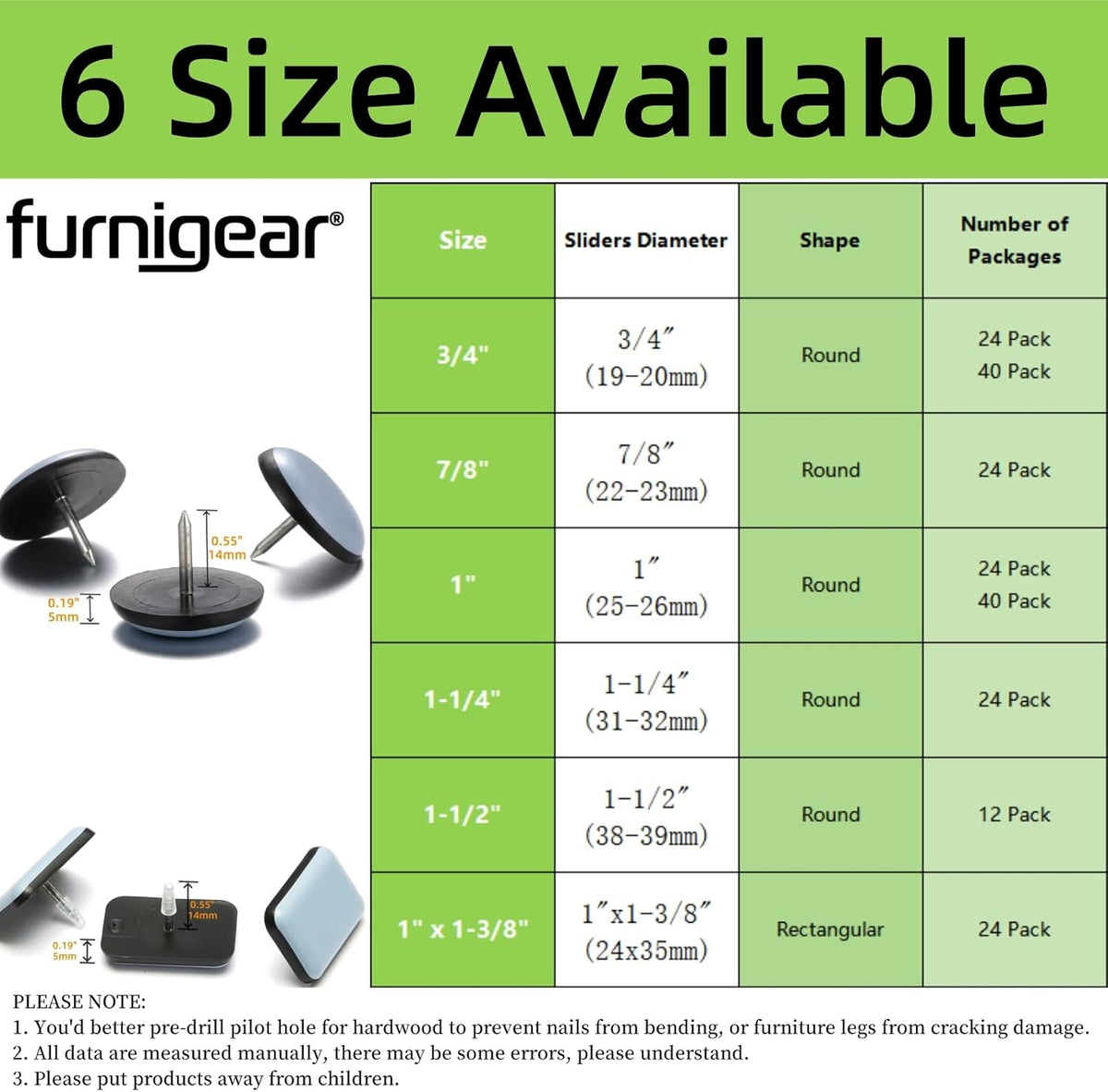 Furniture Glides Sliders-Furnigear PTFE (Teflon) Chair Leg Movers Sliders for Carpet and Hardwood Surface - Move Your Furniture Easily & Safely - Best Floor Protector (1-1/4", 24pack)