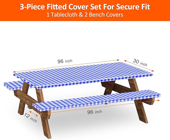 8ft Picnic Table and Bench Cover, Camping Essentials RV Gear, 96 in Waterproof Windproof Outdoor Elastic All Around Tablecloth, Fitted Rectangle Tables and Seats, Blue-White Checkered