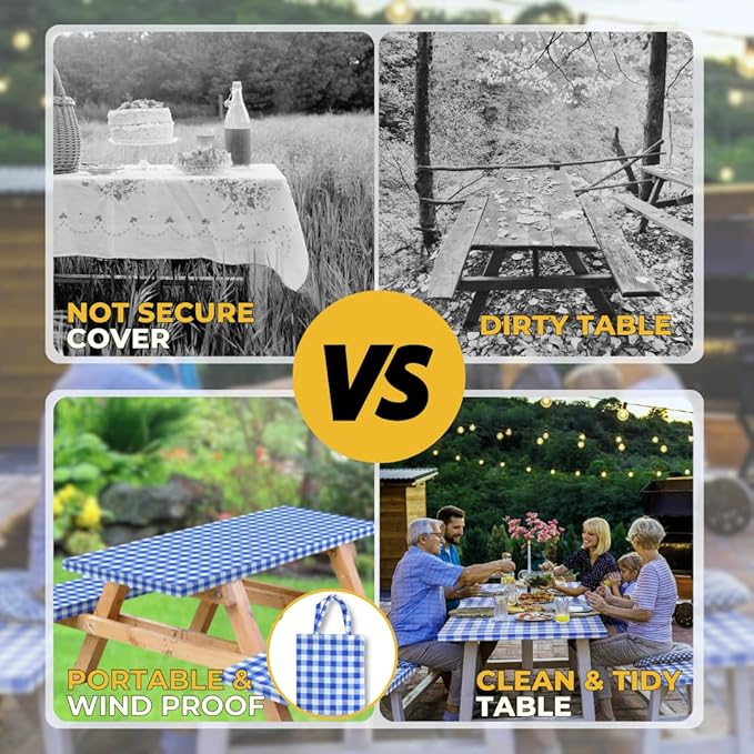 RNOONY Vinyl Fitted Picnic Table Cover with Bench Covers and Bag, 6ft Outdoor Waterproof Picnic Tablecloth with Elastic Edges, 72x30 Inches 3 Pcs Set (Blue Checkered)