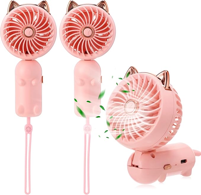 Glooglitter 2 Pcs Mini Handheld Fan Bulk, Pink USB Rechargeable Portable Personal Fan, 3 Speed Wind, 180° Adjustable Fold, Cute Cat Ears Design, for Women Girls Indoor Outdoor Travel Camping Supplies
