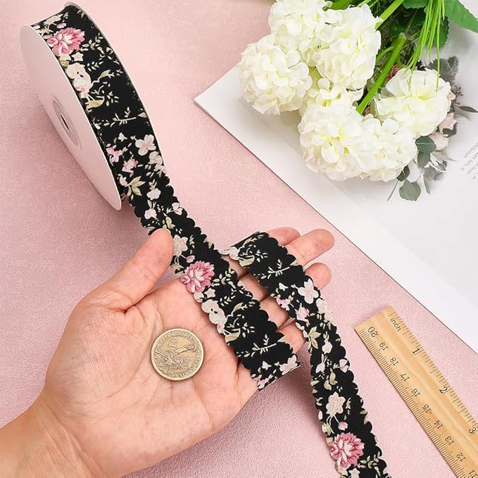 20 Yards Floral Print Ribbon Black Flower Pattern Ribbon Polyester Vintage Spring Summer Double Wavy Edge Fabric Ribbons Bulk with Spool for Sewing Making Crafts Bouquets Wreath Christmas