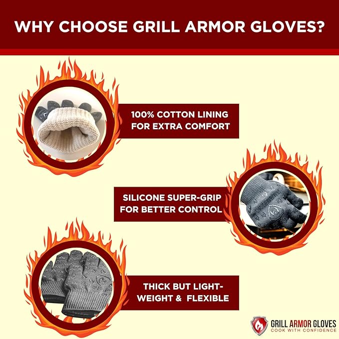 Grill Armor Oven Gloves – 932°F Heat, Fire & Cut Resistant Mitts for BBQ, Grill, Cooking, Grilling, Baking, Smoker & Fire Pit