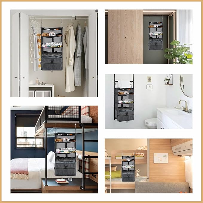 Surblue Hanging Closet Storage Bag Collapsible 3-Shelf Washable Oxford Fabric with 2 Hooks (L 11.41 * 11.41 * 19.68in, Grey)