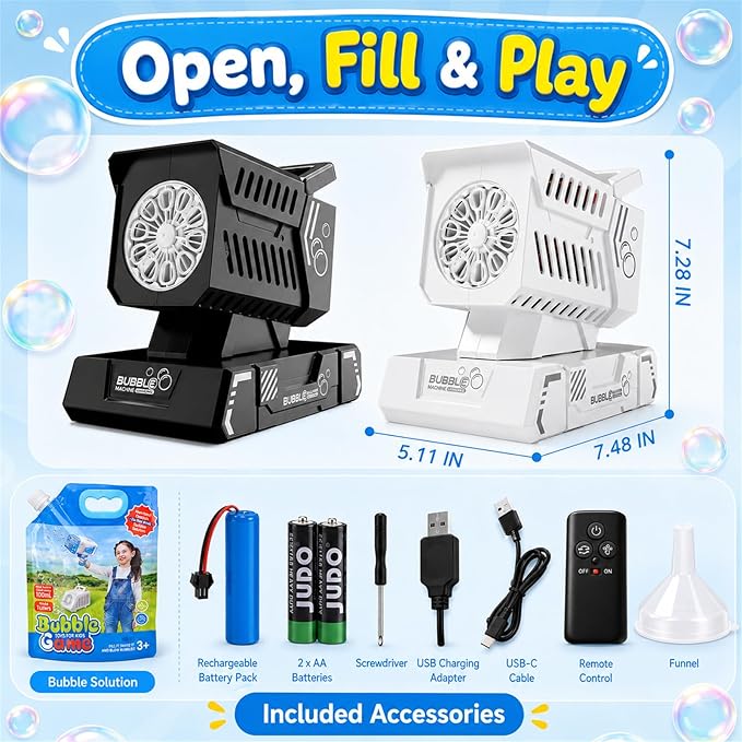 Bubble Machine Remote Control 98ft Range,Auto Rotation & 11 RGB Lights, 1800mAh Rechargeable Battery/USB-C Charging,Top-Fill Portable Bubble Maker for Kids Birthday Party Wedding Pool Outdoor