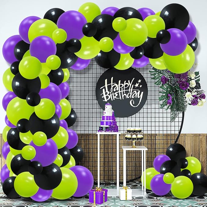 Lime Green Purple Black Balloon Garland Arch, 122PCS Lime Green Purple Balloons Black Purple Balloons for Hero Racing Car Truck Birthday Video Game Halloween Props Decorations
