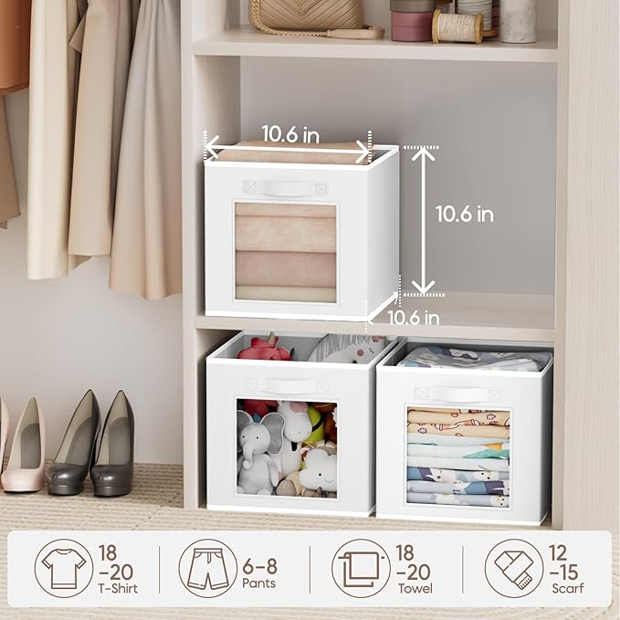 Homsorout Storage Cube 11 Inch - Cube Storage Bins with Window, Closet Storage Baskets with Handle, Fabric Bins for Closet, Shelves, Toys, Clothes, Set of 8, White