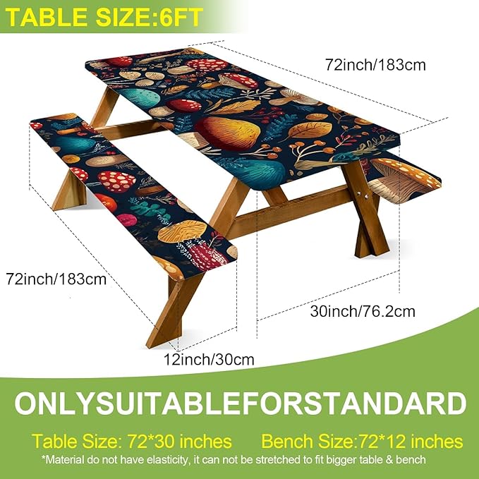 ANNA QUEEN 6FT Mushrooms Picnic Table Cover with Bench Covers Picnic Table Cover Set 3PCS 72"x30", Outdoor Bench and Tablecloth Furniture Protection