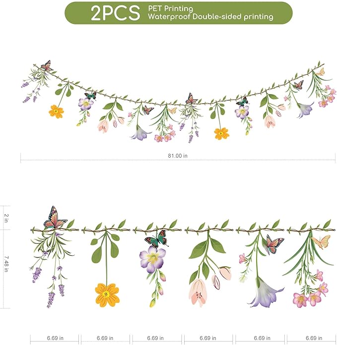 2PCS Flower Banner Reusable Wildflower Garland Floral for Spring Party Enchanted GardenTheme Picnic Wedding Baby Shower Birthday Tea Party Supplies Home Decorations (Green-Smaller)