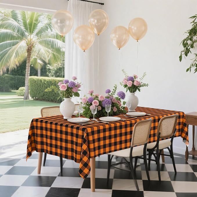 Smiry 10 Pack Gingham Disposable Table Cloth, 54 x 108 Inch Waterproof Plastic Tablecloth, Rectangle Black and Orange Checkered Table Covers for Picnic, Birthday, Party