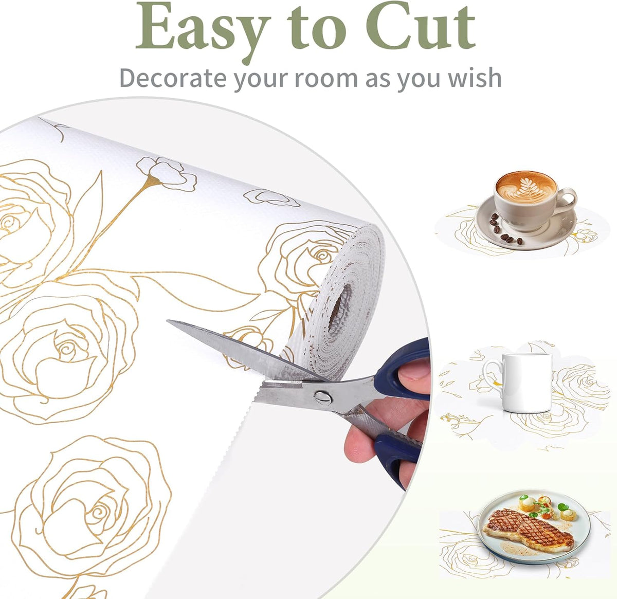 Shelf Liners for Kitchen Cabinets 12in x 39.37FT Non Adhesive Drawer Liner Gold Floral Thickened Shelf Liner Paper Strong Non-Slip Easy to Clean for Tool Box Refrigerator with Knife and Tape Measure