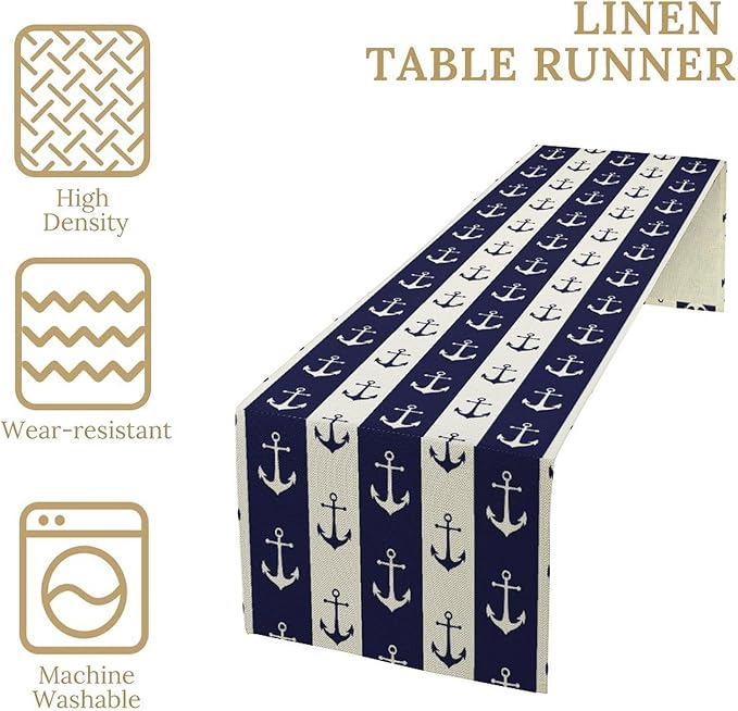 Nautical Anchor Table Runner, Ocean Beach Coastal Beach Stripe Background Theme Table Runner for Dining Kitchen Party Holidays Home 13x108in
