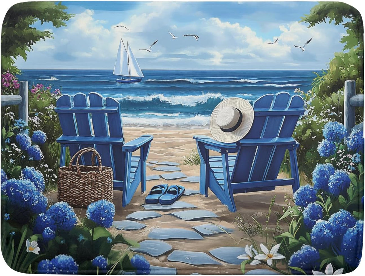 Summer Beach Chairs Dish Drying Mat Sea Wave Blue Floral Drying Mat fo Kitchen Counter 16”x18” Absorbent Reversible Kitchen Mat Non-Slip Ocean Themed