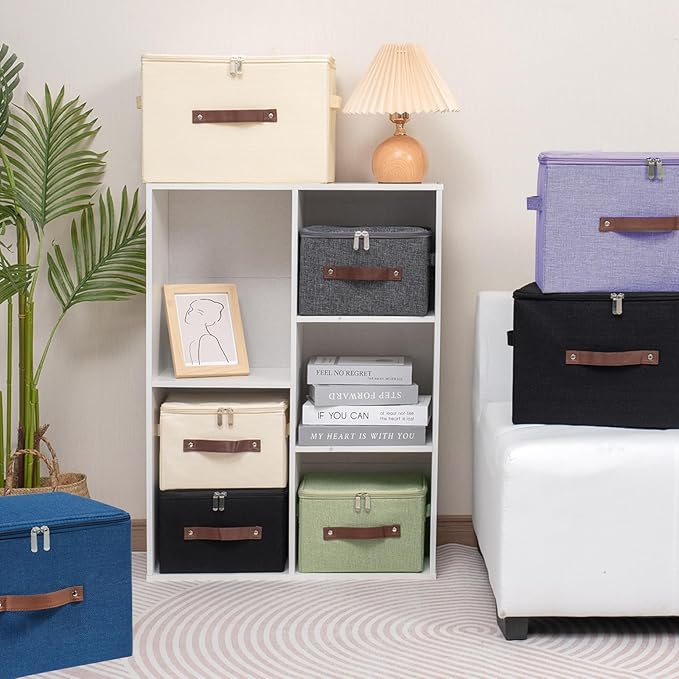 Storage Bins with Zipper Lid Foldable Fabric Lidded Storage Boxes Baskets Cubes Washable Collapsible PU Leather Handle Cotton Linen Shelves Closet Organizer Container(Purple, Large Size)