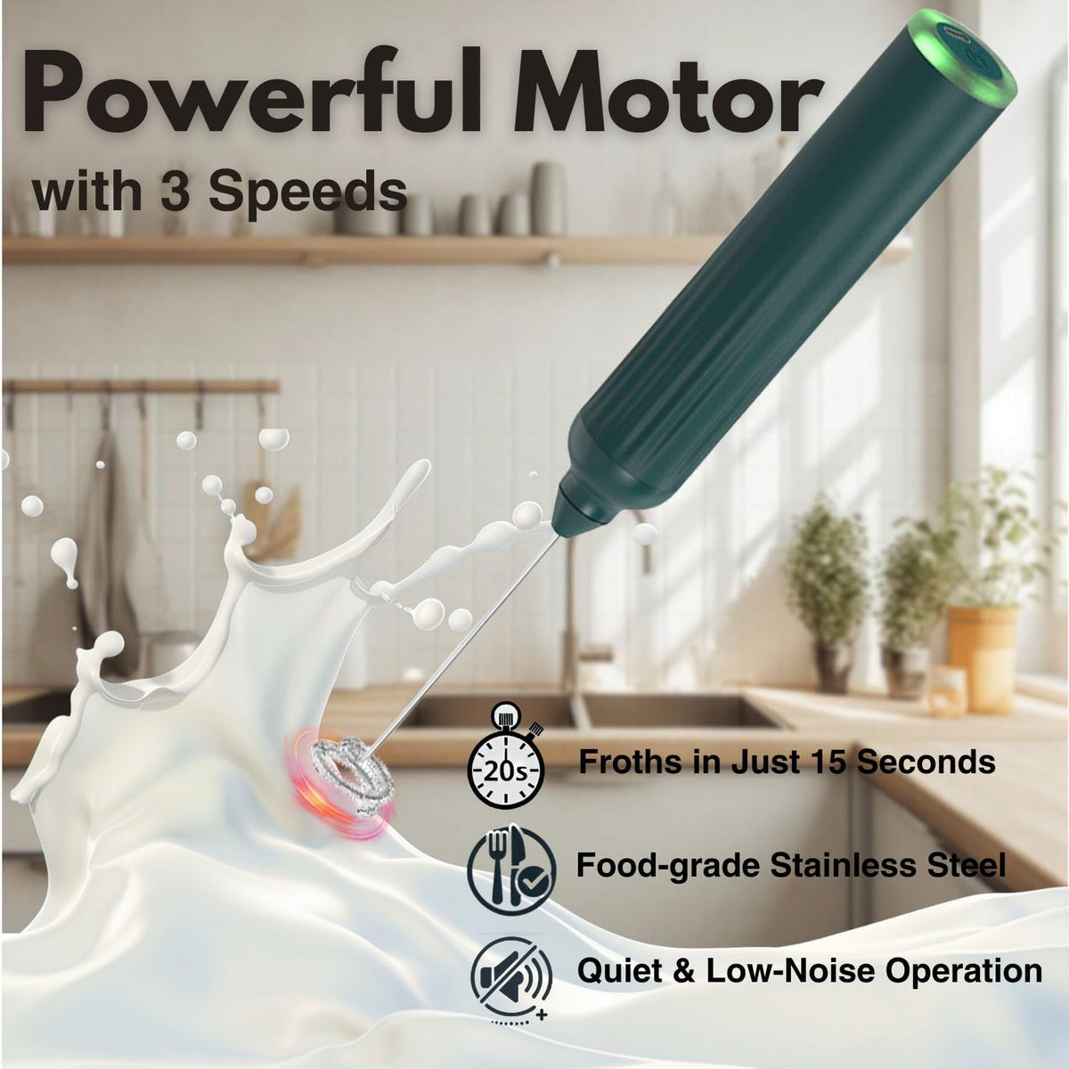 Milk Frother Handheld with 3 Stainless Steel Whisks, Rechargeable Electric Drink Mixer with Stand & Travel Case, Milk Foamer for Coffee, Latte