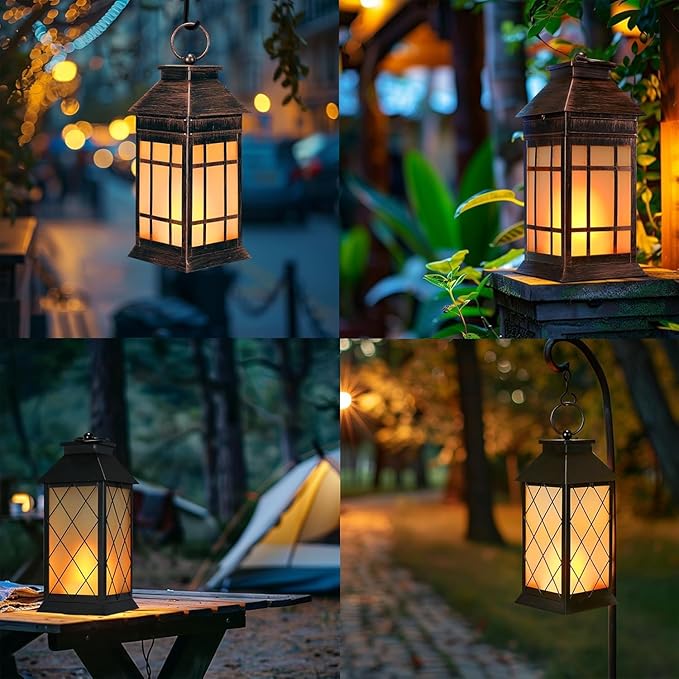 18" Solar Lanterns Outdoor Waterproof, Glass Solar Flickering Flame Lantern Large Hanging Solar Lantern Metal Decorative for Patio Garden Backyard Outside Tabletop Mothers Day Gifts Mom