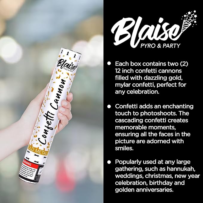 Blaise Pyro & Party Gold Confetti Poppers - Easy to Use Paper Confetti Poppers for Weddings, Birthdays, Anniversaries & More - Colorful Confetti Cannon for Memorable Photos - 2 Pack, 12 Inch