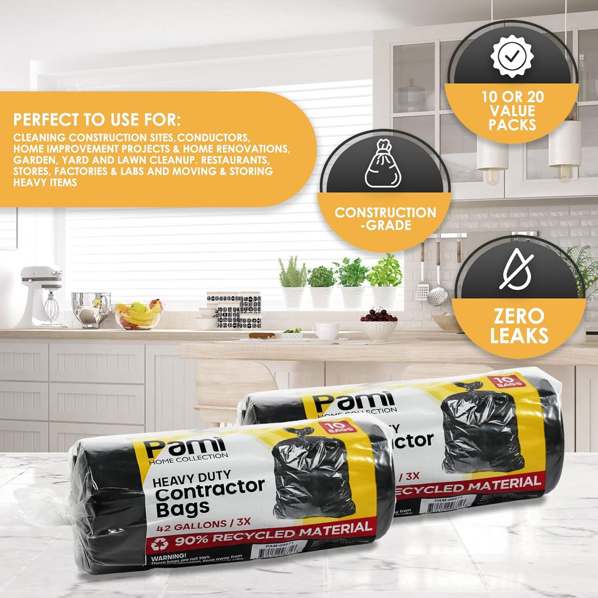 PAMI Heavy Duty 42 Gallon Construction Bags, Tear-Resistant Contractor Garbage Bags for Yard Waste Cleanup (10 Count, Black)