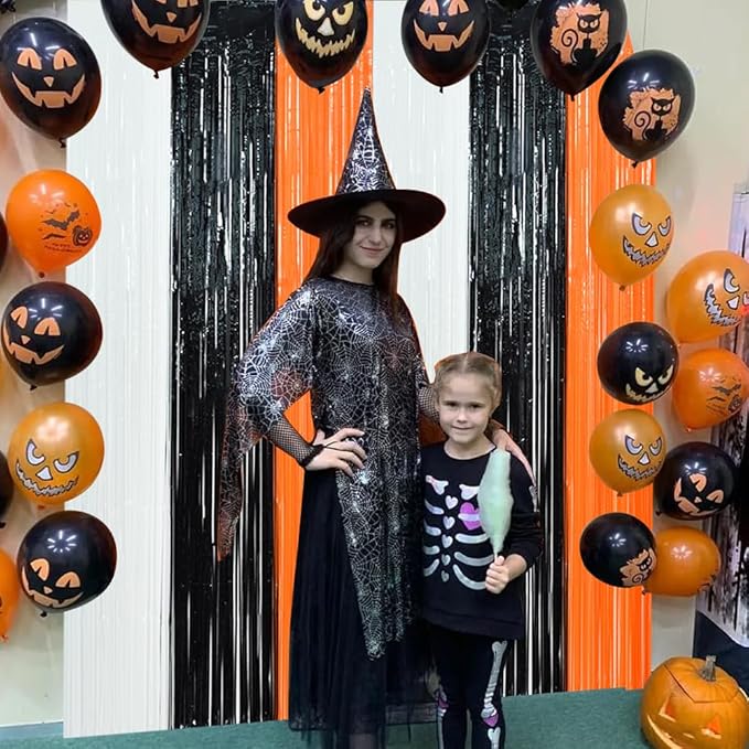 3 Pack Tinsel Curtain Party Streamers Backdrop Halloween, Door Streamers Fringe Foil Curtain Backdrop Curtain for Halloween Party Decoration, White Black Orange (3.28 ft x 6.56 ft)