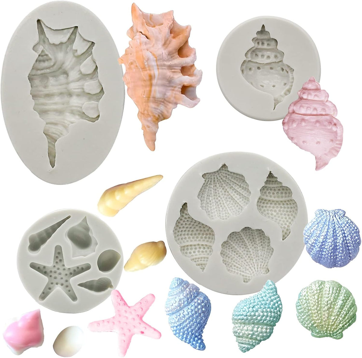 Memovan Marine Theme Fondant Molds 4pcs Seashell Conch Starfish Silicone Baking Mold for Under the Sea Ocean Marine Cake Cupcake Decoration Chocolate