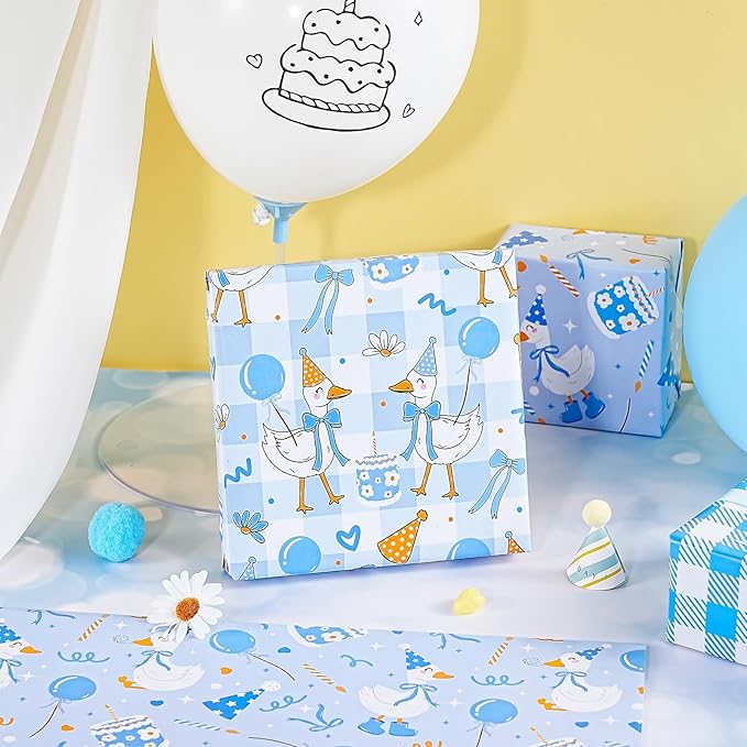 WRAPAHOLIC Silly Gooses Birthday Wrapping Paper Sheet - 8 Sheets Blue Party Goose Wrapping Paper Folded Flat for Boys Birthday, Baby Shower - 19.7 Inch x 27.5 Inch Per Sheet