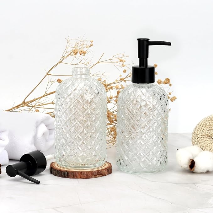 13.5Oz Gem Design Soap Dispenser with Plastic Pump, Refillable Glass Soap Dispenser for Hand Soap, Dish Soap, Lotion (Crystal Clear)