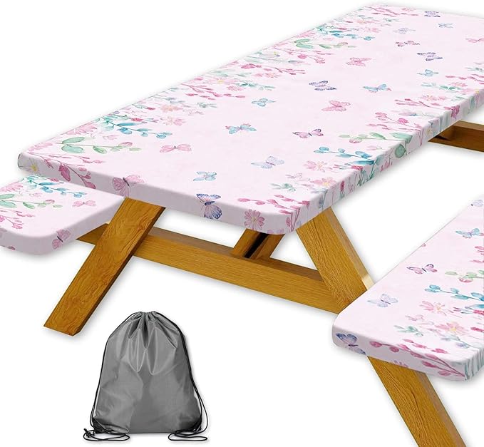 Butterfly Picnic Table Cover with Bench Covers, Camping Essentials, Flower Leaf Plant Waterproof Windproof Table Cover, Fitted Tablecloth Cover with Elastic Edge, for Indoor & Outdoor 3 PCS 30x96 Inch