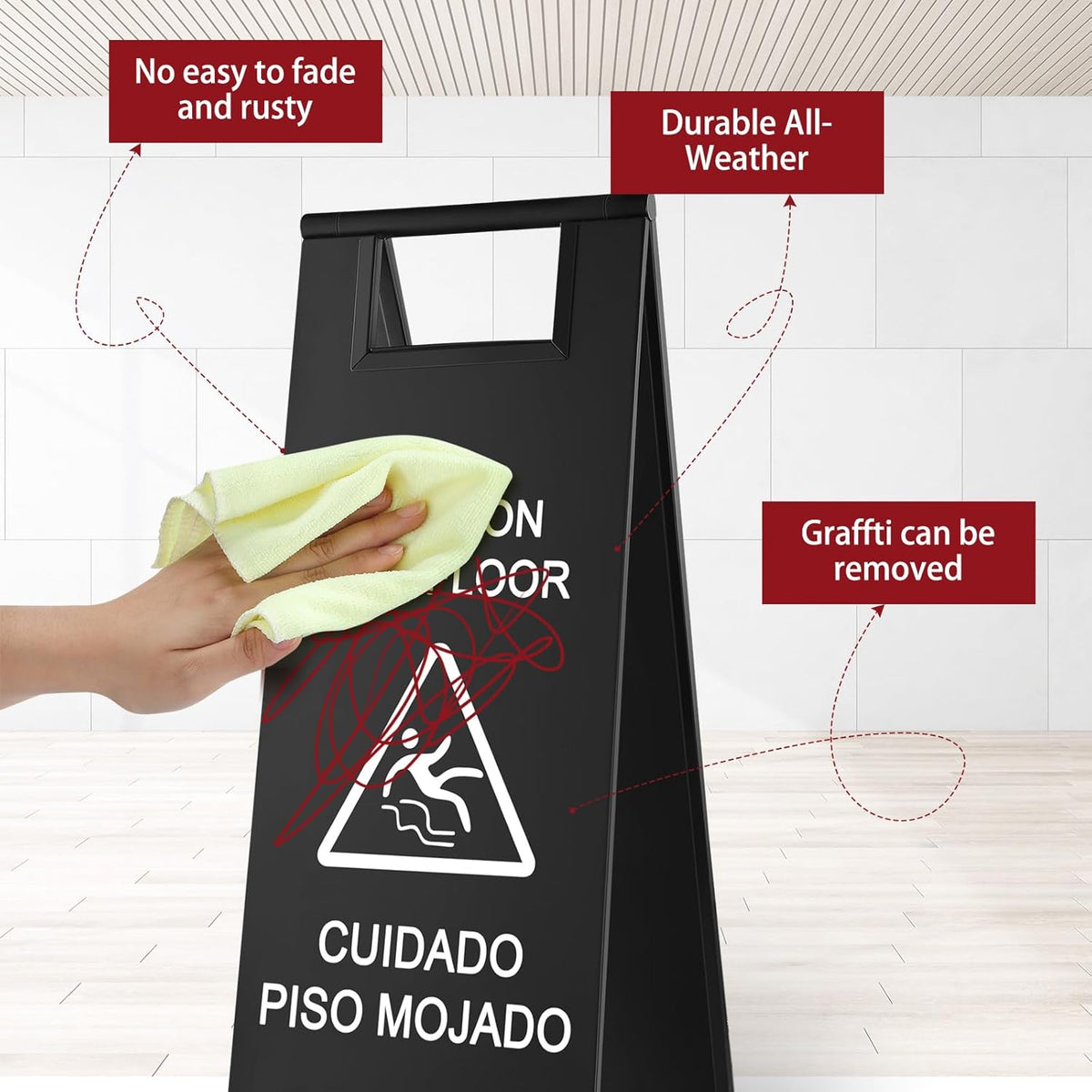 LEIFIDE 4 Pcs Stainless Steel Wet Floor Caution Sign Bulk 8.8 Pound Portable Foldable Handle Bilingual Safety Sign for Kitchen Restaurant Shop Commercial Use Avoid Fall and Slip Accident (Black)