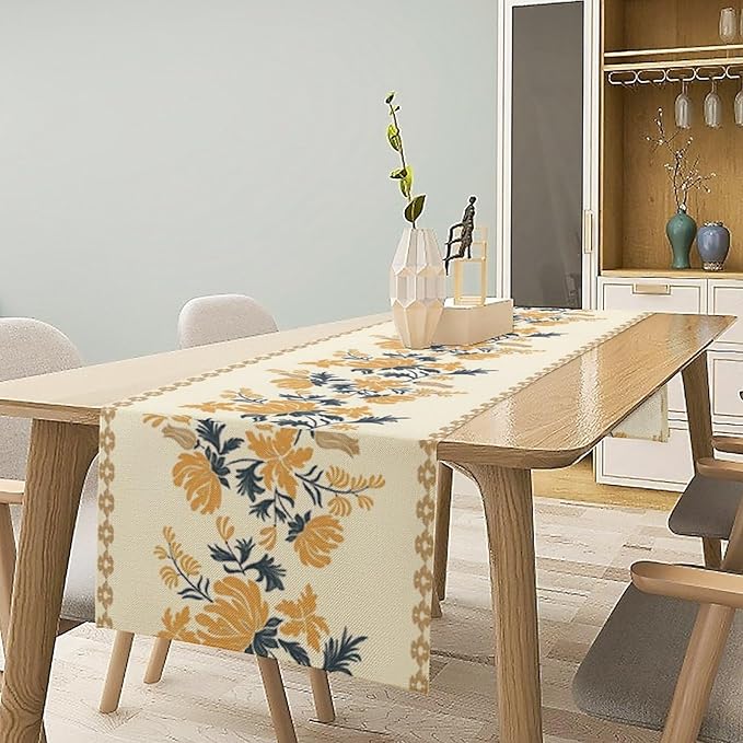 Vintage Yellow Floral Table Runner,Spring Summer Boho Flower Print Table Decoration for Kitchen Dining Table Home Farmhouse Party Decor 13x108in
