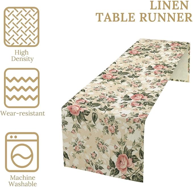 Rose Floral Table Runner,Vintage Watercolor Spring Summer Seasons Flowers Table Decoration for Wedding Holiday Indoor Outdoor Home Party 13x60in