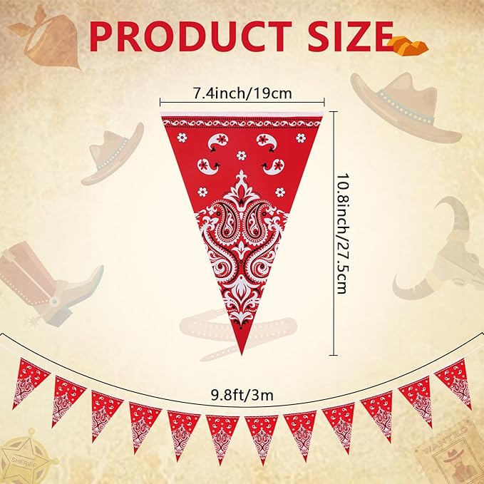 6 Pack Western Cowboy Party Decorations Red Bandana Pennants Banner Wild West Decor Western Theme Bunting Flags for Birthday Baby Shower Country Party Supplies