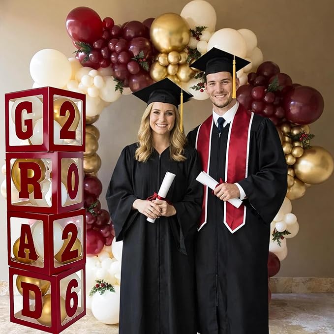 2026 Graduation Decorations - 4Pcs Maroon Balloon Boxes with Letters 2026&Grad for Preschool Kindergarten Middle High School College Graduation Party Decorations Class of 2026