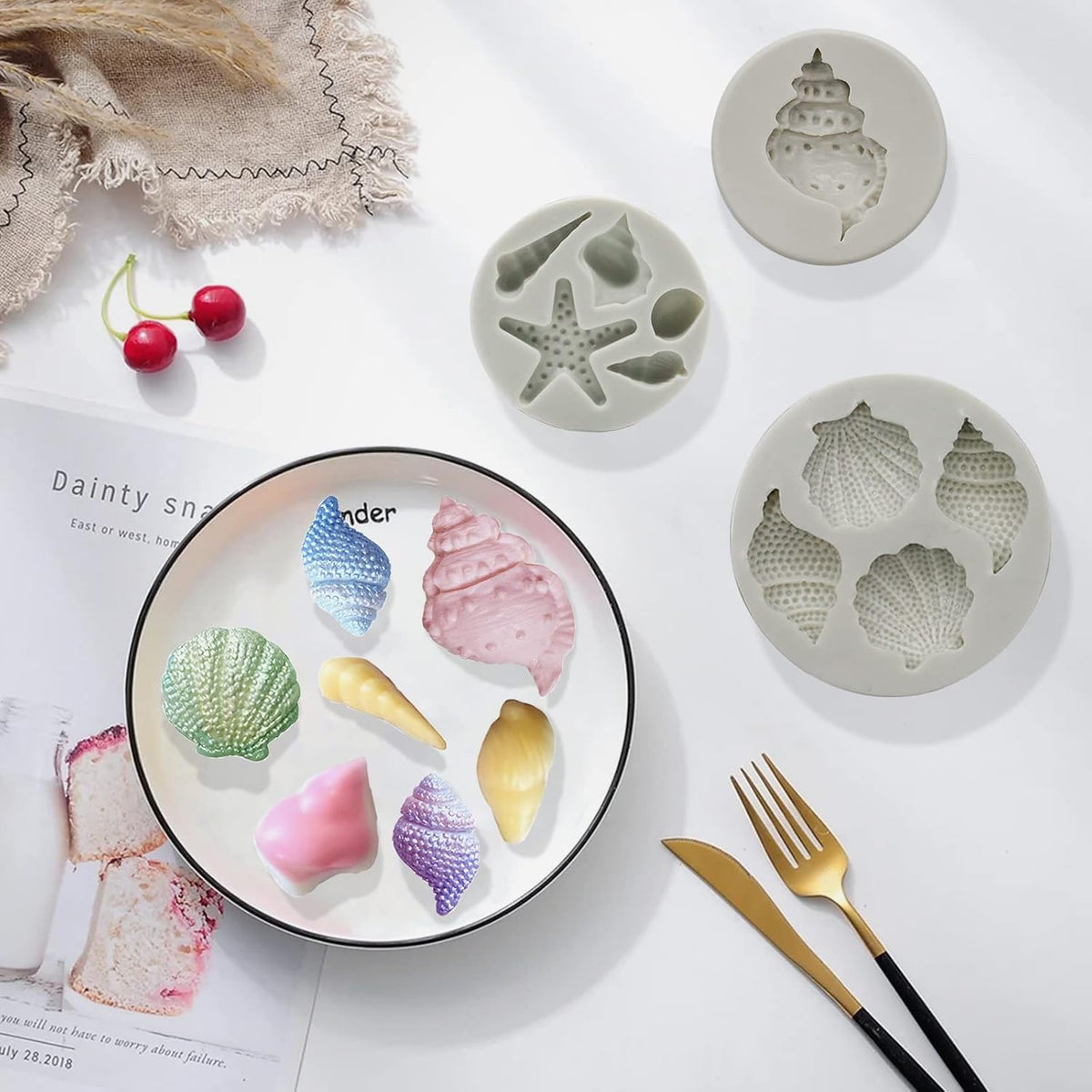 Memovan Marine Theme Fondant Molds 4pcs Seashell Conch Starfish Silicone Baking Mold for Under the Sea Ocean Marine Cake Cupcake Decoration Chocolate