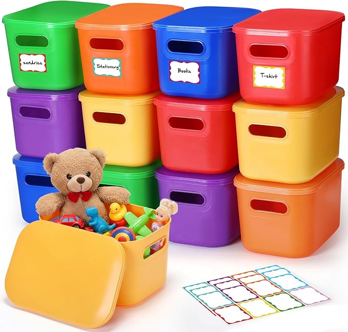 Thyle 24 Pack Vibrant Colorful Plastic Storage Bins with Lids 7 Quart Toy Storage Box Stackable Nestable Organizer Boxes with Handle and Labels for Classroom Shelf Bedroom Desktop Toys School Supplies