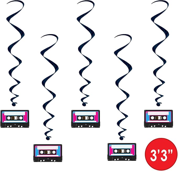 Beistle 5 Piece 80's Theme Cassette Tape Decorations Hanging Whirls Spirals For 1980's Party Supplies