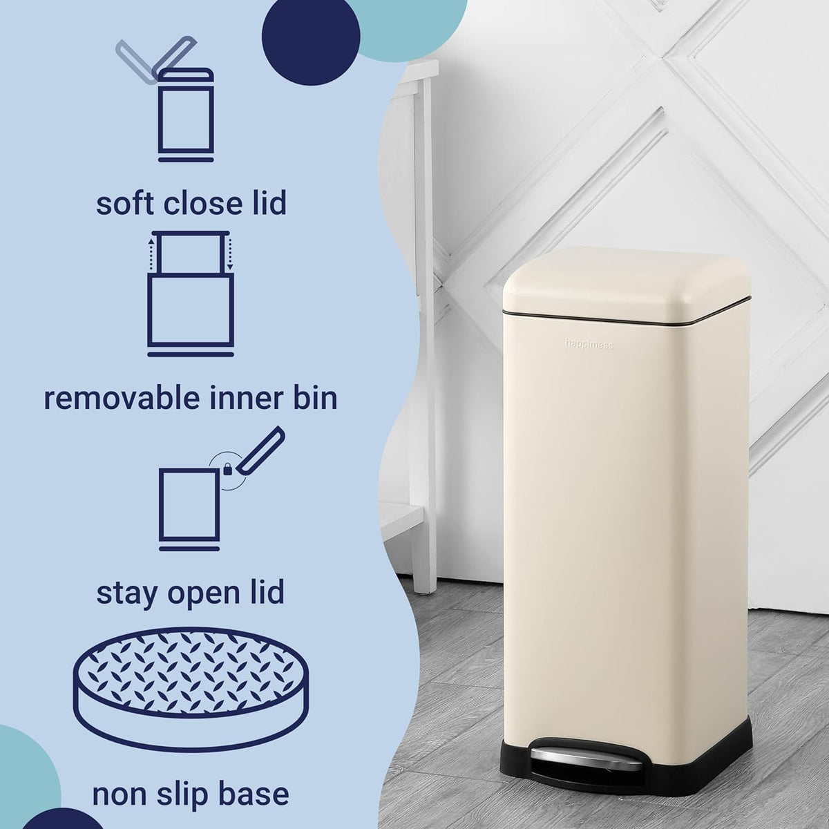 happimess HPM1007F Betty Retro 8-Gallon Step-Open Trash Can with Soft-Close Lid, Fingerprint Resistant, Modern, Minimalistic for Home, Kitchen, Laundry Room, Office, Bedroom, Bathroom, Almond