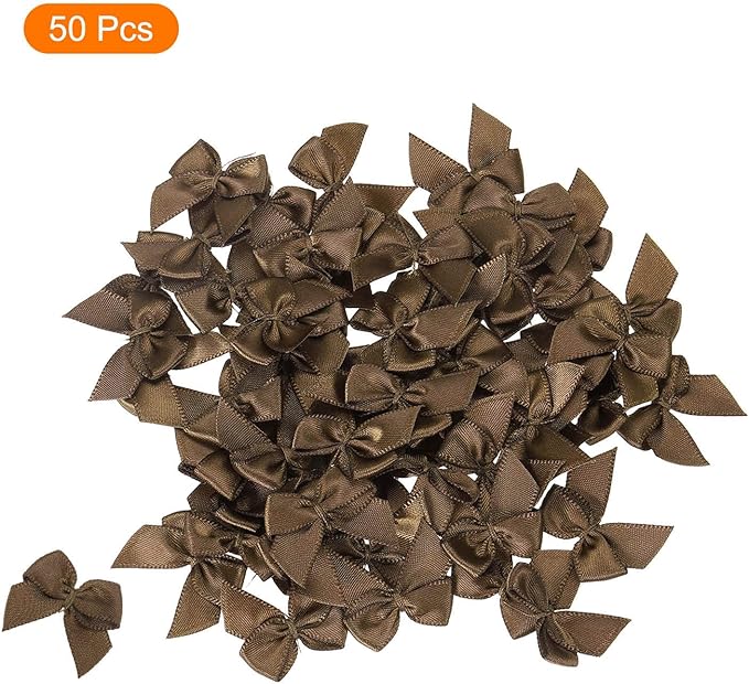 MECCANIXITY 50 Pcs Mini Ribbon Bow 1" Mini Fabric Satin Ribbon Flower Bows for Craft DIY Sewing Wedding Birthday Party Gift Wrap Bows Brown