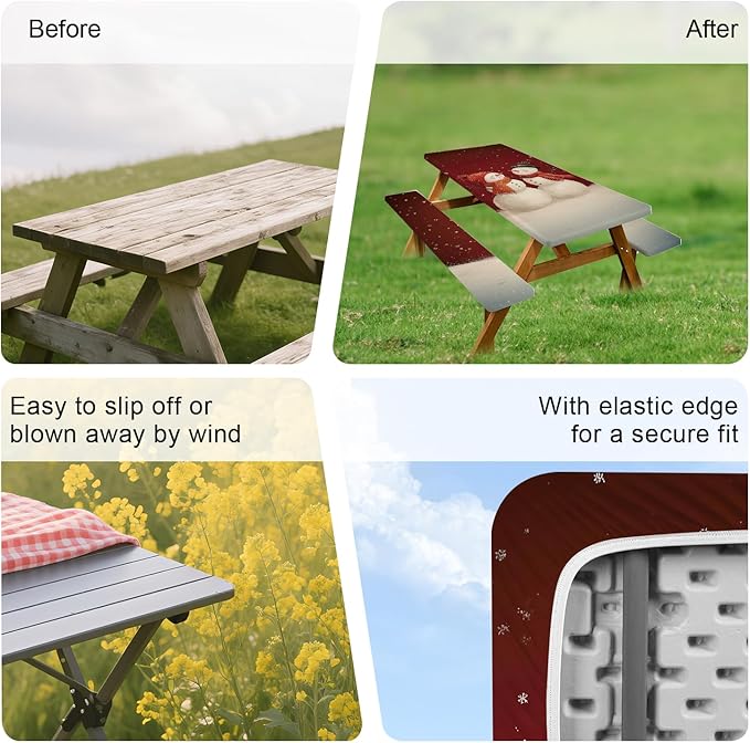 ANNA QUEEN 6FT Christmas Snowman Picnic Table Cover with Bench Covers Picnic Table Cover Set 3PCS 72"x30", Outdoor Bench and Tablecloth Furniture Protection for Camping