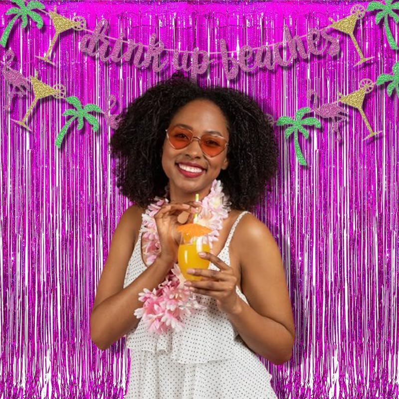 Braveshine Hot Pink Tinsel Foil Fringe Curtains - 2Pcs 3.2x8.2ft Metallic Party Streamers Backdrop for Girl Birthdays Valentines Bridal Shower