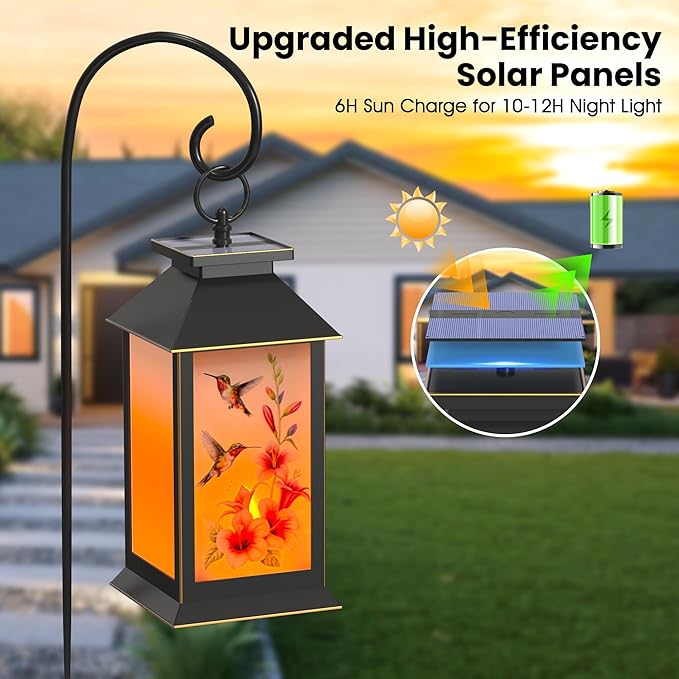 2 Pack Hanging Solar Lanterns, Hummingbird Flame Lantern, Outdoor Waterproof Upgraded Solar and 2 AA Batteries Powered, for Outside Porch, Patio and Indoor Tables, Mantelpiece.