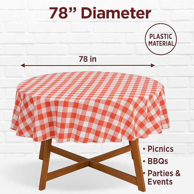 Oojami Pack of 4 Round Checkered Tablecloth - Red & White Plastic Disposable Table Covers for Parties and Events - 78" Diameter