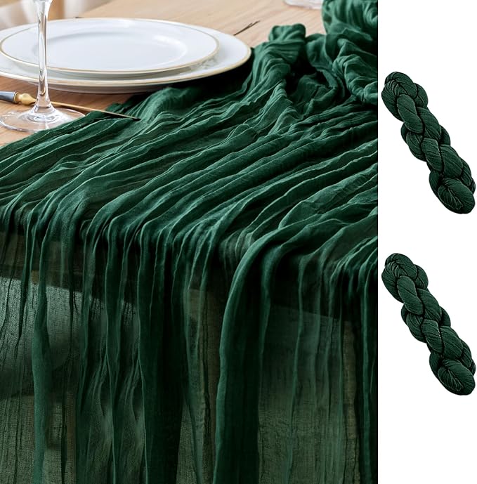 Asee'm 2PCS Table Runner Cheesecloth Christmas 10FT Emerald Green Boho Gauze Fabric Rustic Sheer Cheese Cloth Runners for Wedding Bridal Shower Party Spring Easter Decoration